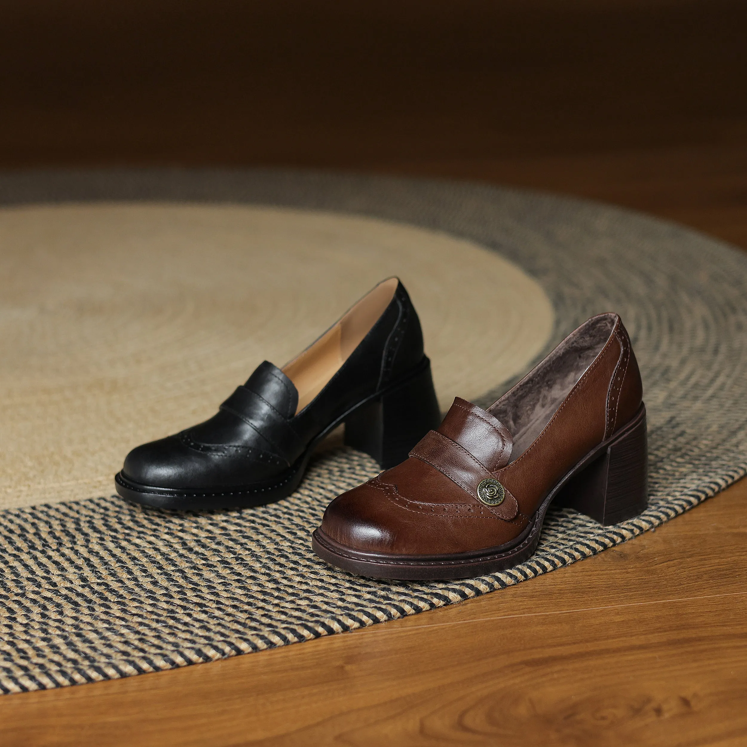Cow Leather Round Toe Brogue Penny Loafers For Women 65mm Block Heel In Black/Coffee