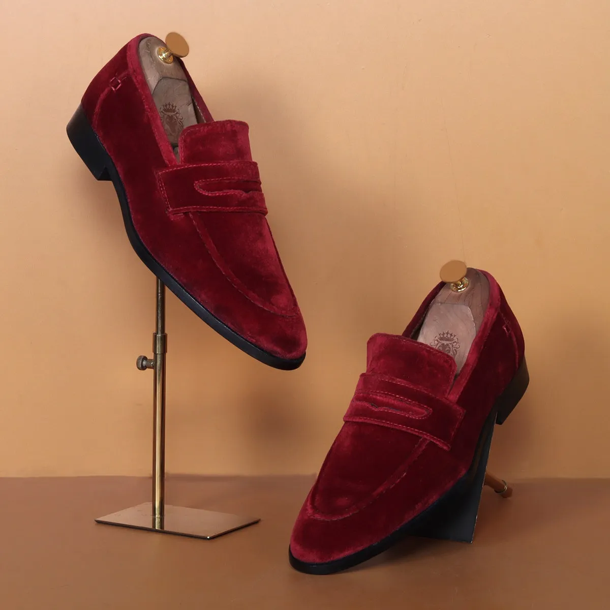 Customized "EXTRA HIGH HEEL" Wine Italian Velvet Leather Apron Toe Penny Loafers For Men By Brune & Bareskin