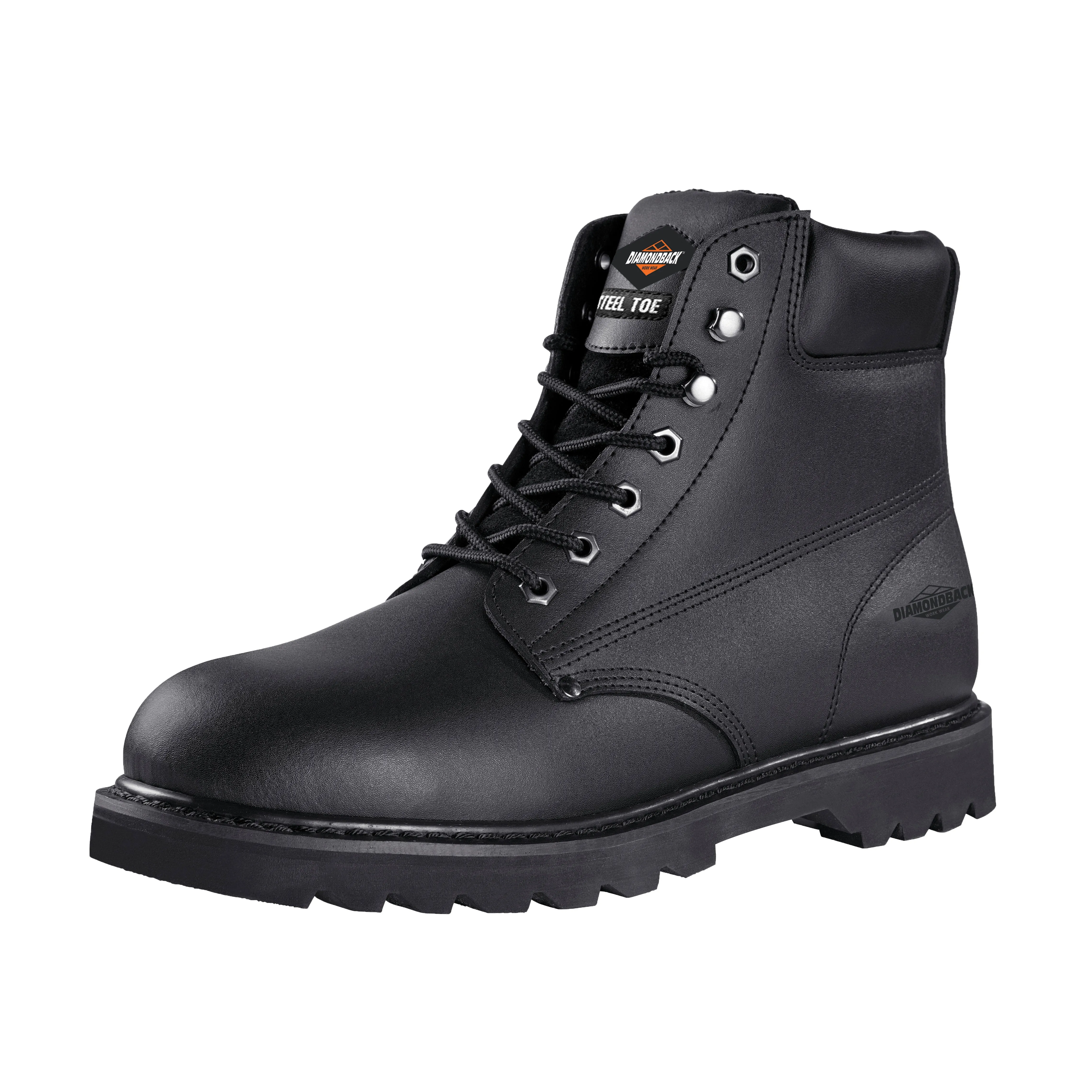 Diamondback Work Boots, 13, Medium W, Black, Leather Upper, Lace-Up, Steel Toe, With Lining