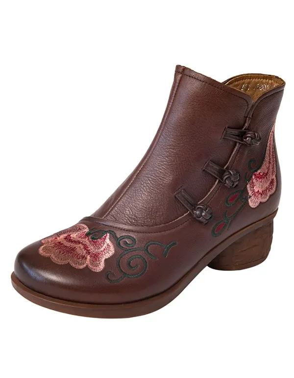Handmade Embroidery Retro Leather Boots Chunky Heels
