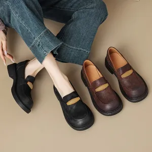Low Block Heel Round Toe Leather Penny Loafers for Women in Brown/Black