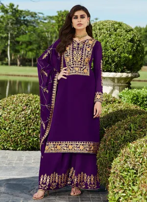 Purple Golden Embroidered Palazzo Suit