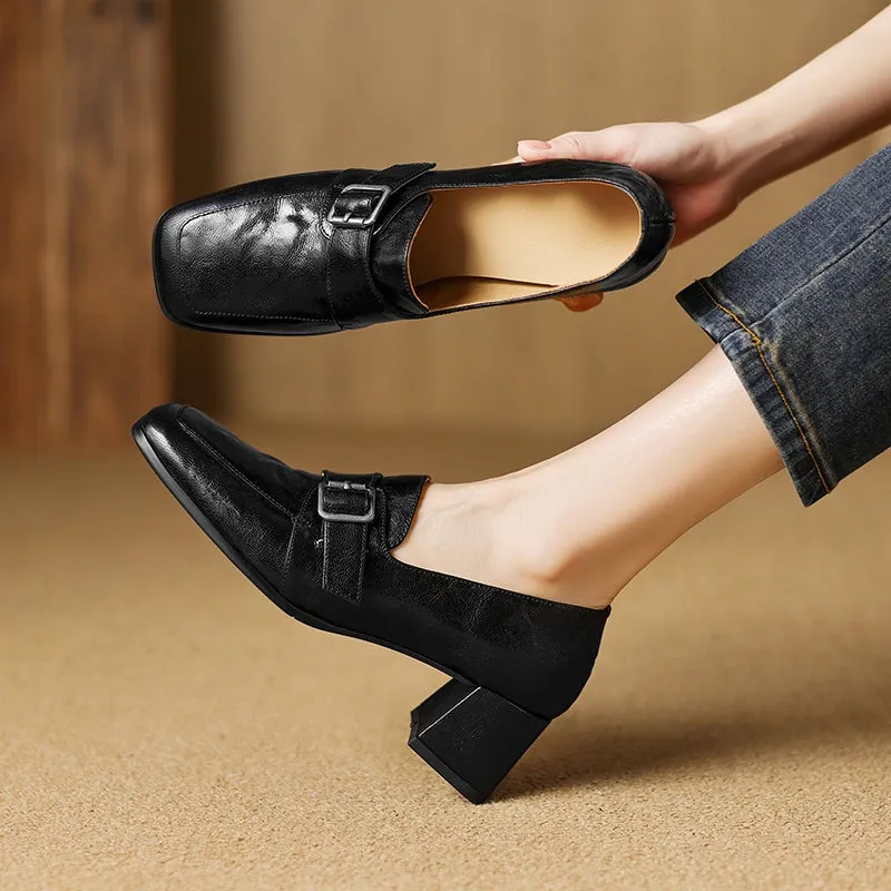 Retro Square Toe Block Heel Sheepskin Penny Loafers for Women in Beige/Black