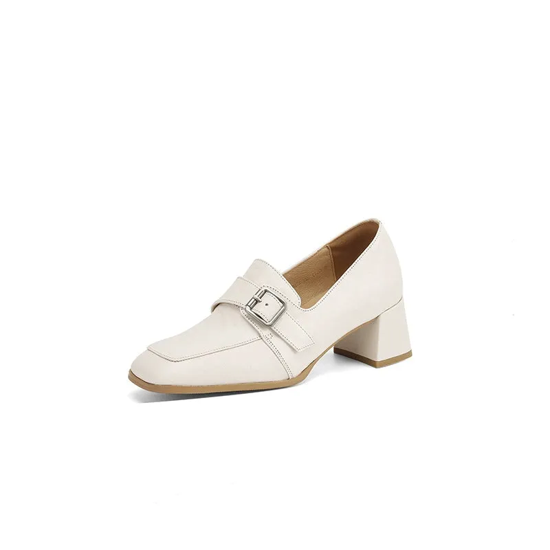 Retro Square Toe Block Heel Sheepskin Penny Loafers for Women in Beige/Black