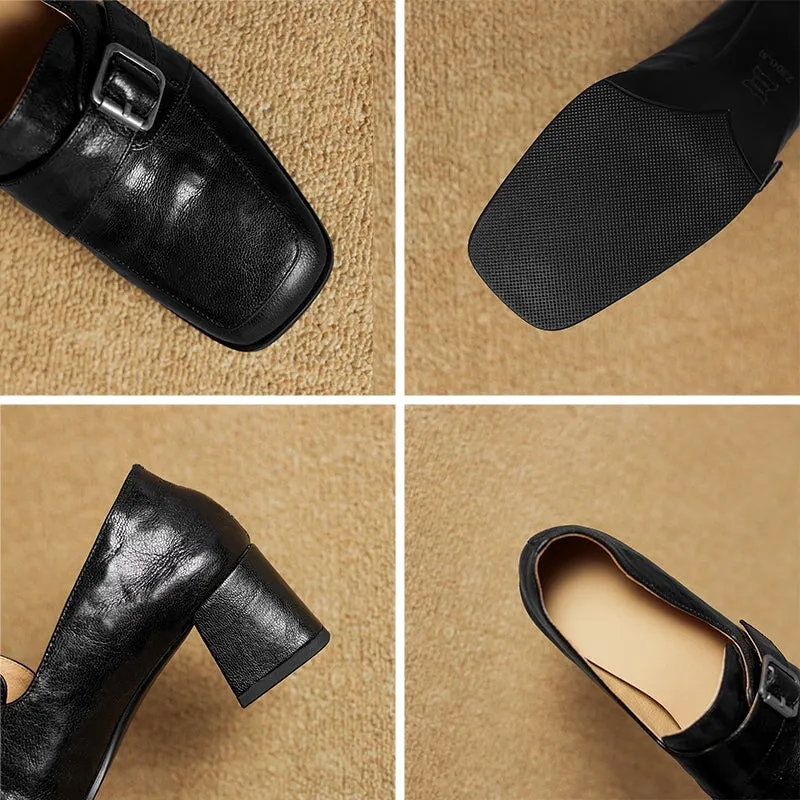Retro Square Toe Block Heel Sheepskin Penny Loafers for Women in Beige/Black