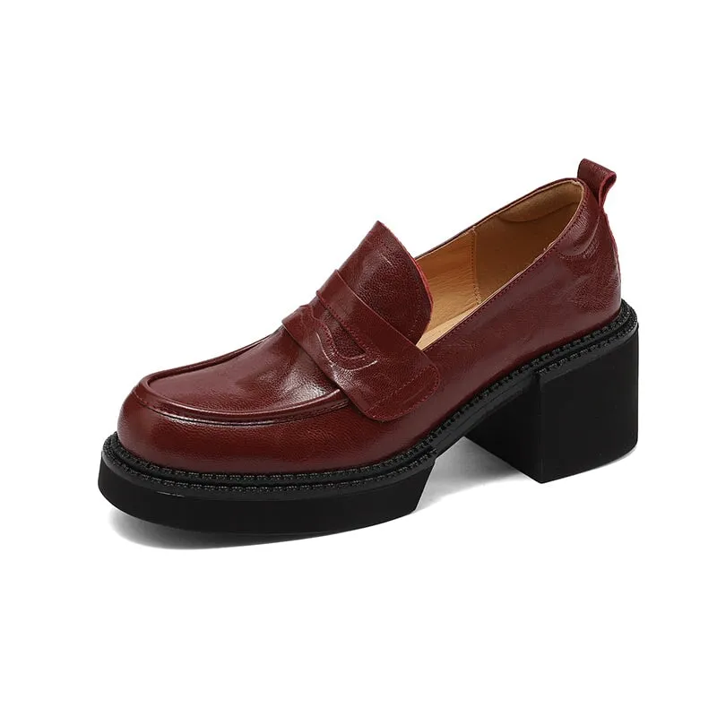 Round Toe Penny Loafers in Hand-Grained Sheepskin with 65mm Block Heel in Brown/Black/Wine Red