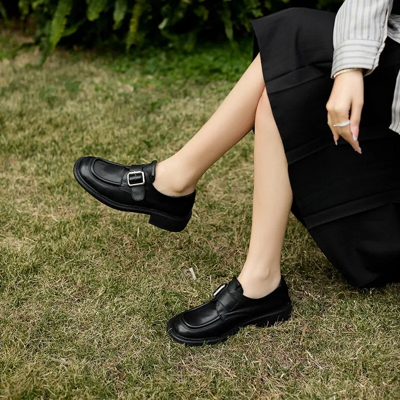 Vegetable Tanned Leather Loafers for Women with Metal Buckle in Black