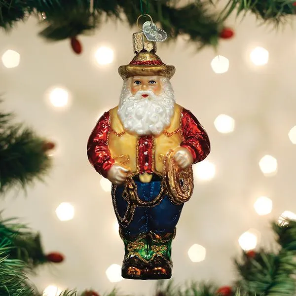 Western Santa Glass Ornament