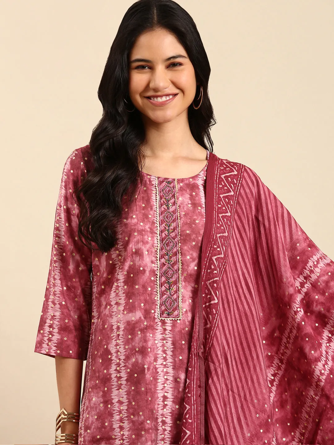 Women Abstract Pink Straight Kurta Set with Dupatta